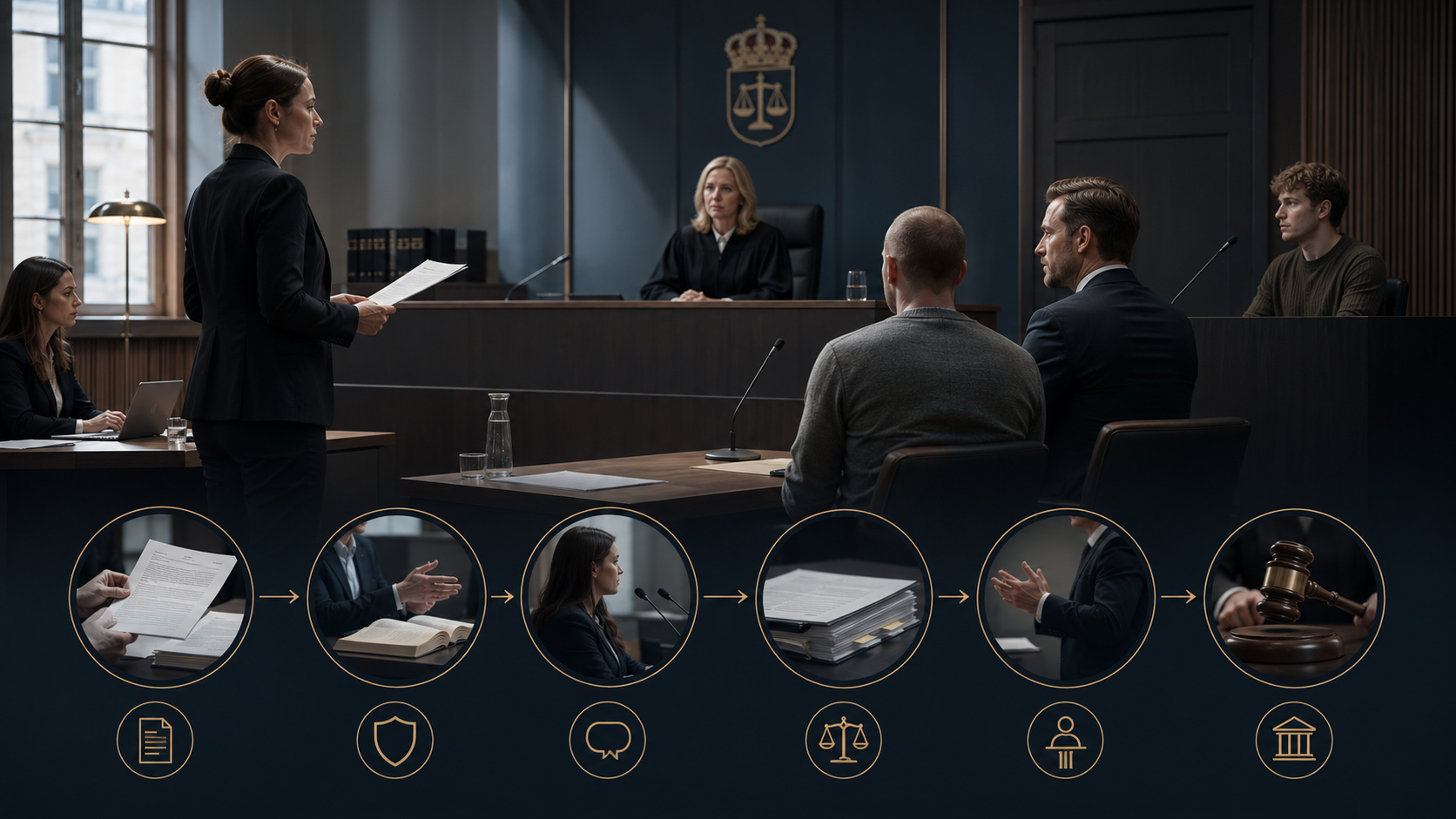 Vad händer under en huvudförhandling? Juridisk illustration av en huvudförhandling i brottmål med svensk rättssal, domare, åklagare, försvarare, tilltalad och en visuell processöversikt från yrkande till dom.